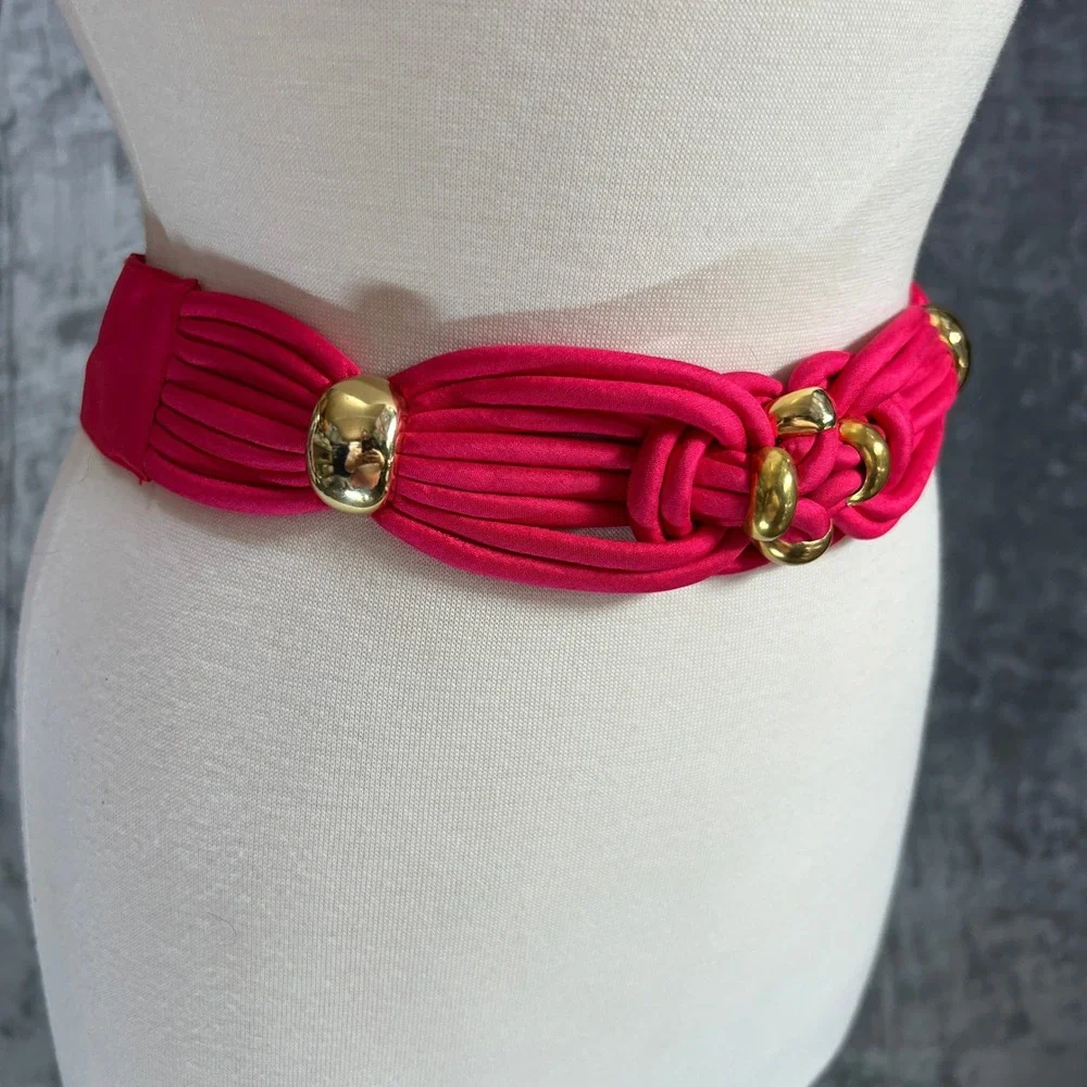 Retro Pink Wide Waist Statement Belt Gold Hardware Knotted Braided Cord Coquette